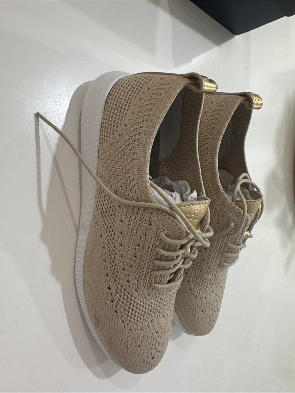 Cole Haan Knit Lace-Up Sneakers in Tan with Gold Accents - Women